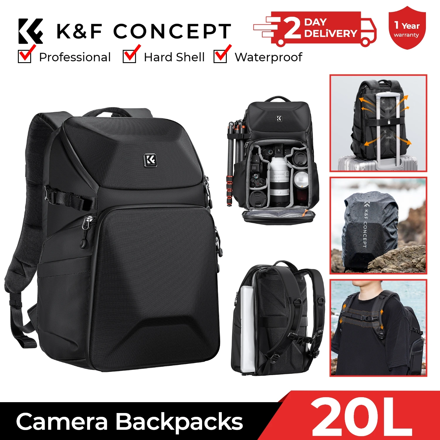 Laptop Bag Waterproof - K&F CONCEPT 20L カメラバックパック 防水フロントハードシェル /