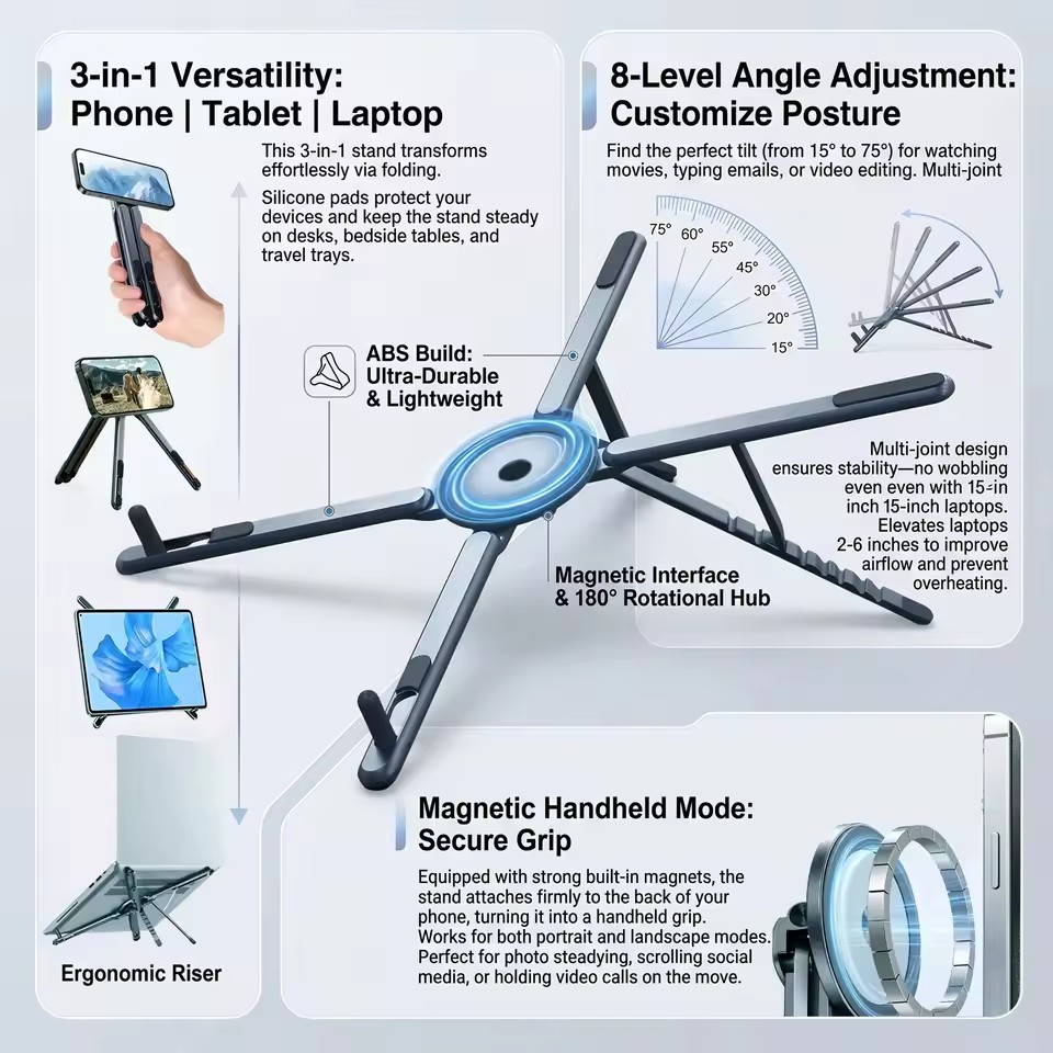 Laptop Extra Accessories - 携帯電話用マグネット式ホルダー＆自撮り棒 3-in-1 折りたたみ式三脚スタンド iPhone、iPad、タブレット、ノートパソコン、デスクトップ用