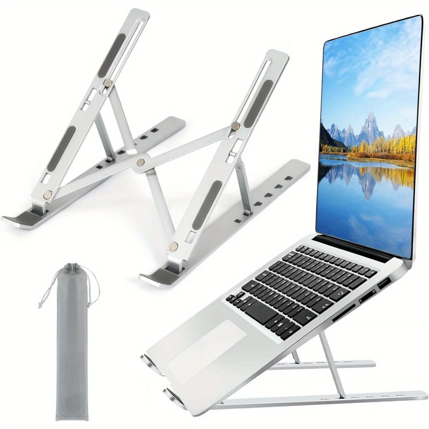 Laptop Accessories Dell - 調節可能なアルミニウム製ラップトップスタンド - 6段階の高さ、8～16インチのラップトップ用の折りたたみ式でポータブルなデザイン、強化された通気性と熱