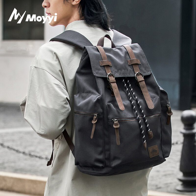 Laptop Bag Waterproof - MOYYI 27L 大型フラップバックパック男性用巾着マルチポケットキャンバス 17.3 インチラップトップコンパートメントトラベルバッグハイキング用
