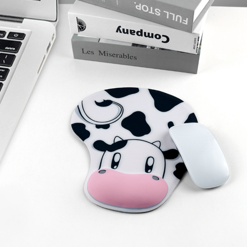Wrist Rest Gel - かわいい牛柄のリストレスト付きマウスパッド1枚、漫画柄、柔らかく滑り止め付きリストパッド