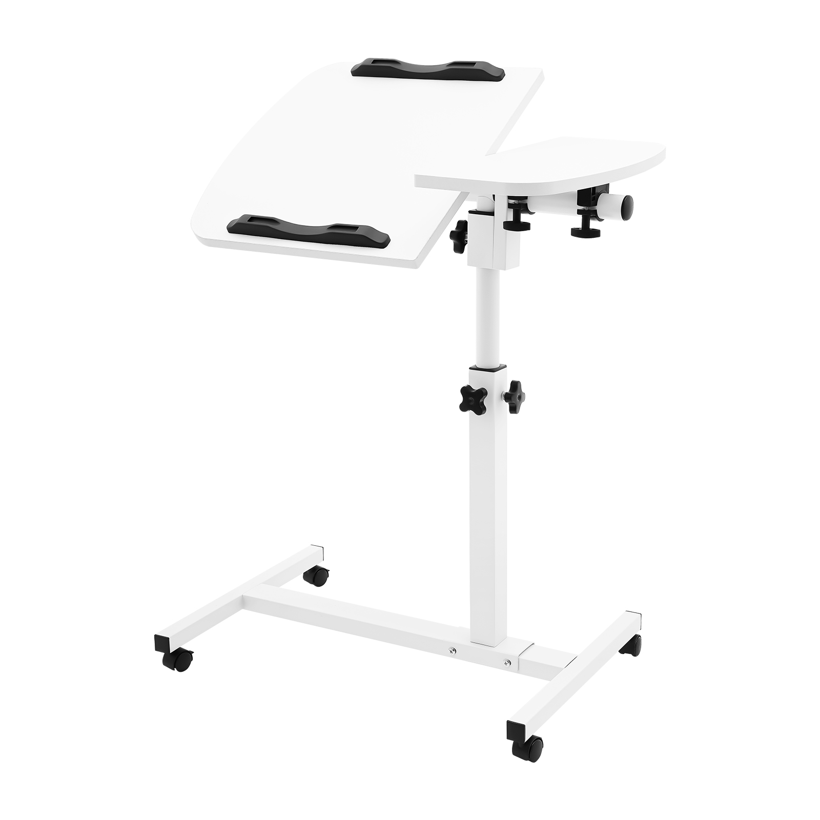 Laptop Accessories Officeworks - 調節可能なローリングラップトップデスクスタンド、ホワイトMDFカーボンスチール、高さ60〜95cm、360度回転 ° チルトブレーキホイールアセンブリアクセサリー、分割テーブルトップCフレーム折りたたみ式滑り止めストッパー防錆コーティング、ベッドサイドソファオフィスワークテーブル